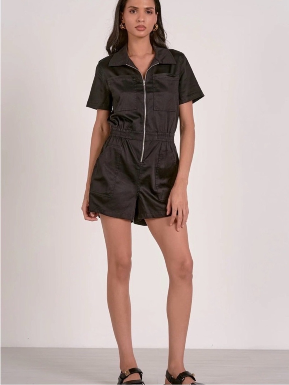 Elan Black Short-Sleeve Zip Romper